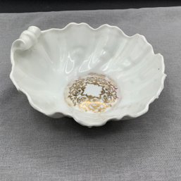 Limoges Small Seashell Scalloped Dish With Scrolled Handle, Gold Hand Painted Design In Center