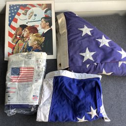 3 Flags And Norman Rockwell Boy Scout Poster, Including Betsy Ross Flag