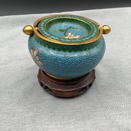 Chinese Cloisonne Censor Ashpot With Flip Lid On Small Rosewood Stand