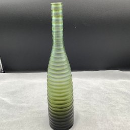 Ribbed Green Glass Vase With Graduated Coloring, Labeled, 12 Inches Tall