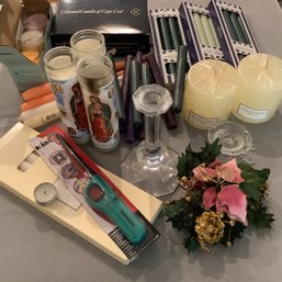 Candles-most New- Some Nordstrom Pillars, Boxes Of White Tapers, A Crystal Candlestick, Some Wreath Wraps