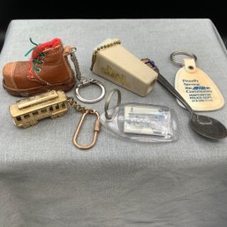 Keyrings Brass San Francisco Cable Car, Leather Hiking Boot, Busch Gardens Photo Viewer, Crooked House B&B Key