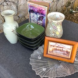 Andrea By Sadek Japanese Vase, 4 Corelle Stoneware Bowls, Print, Glass Platter,  Mosaic Vase, Decorative Box