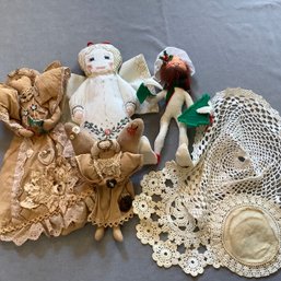 3 Angels, 3 Lace Doilies, One Annalee Elf