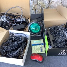 Mix Lot Of Wires, Cables, A Few Office Supplies And Green Dance Light