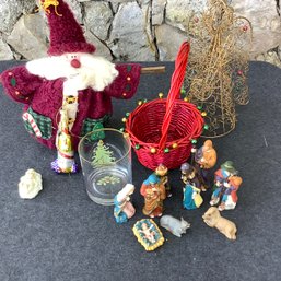 Christmas Decor, Nativity Pieces, Spode Glass, Basket, Wire Angel And Stuffed Santa, 2014 Wine Ornament