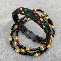 Rasta Braided Bracelet And 3 Beaded Bracelets, Black With Yellow, Green, Red