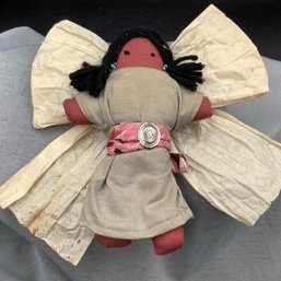 Vintage Native American Doll With Fabric, Paper And Silver Accents