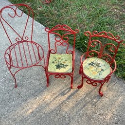 3 Mini Red Metal Chairs For Dolls Or Small Flower Pots