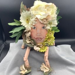 Egg Head Flower Covered Doll Artist Signed With Wooden Jointed Legs