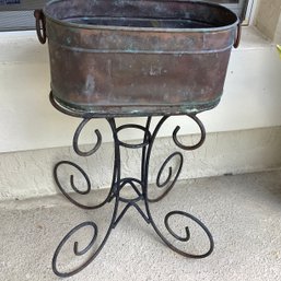 Vintage Copper Basin With Wrought Iron Stand