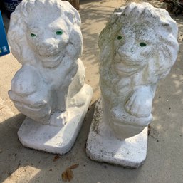 HEAVY Concrete Lion Statues With Green Eyes, Pair That Are Mirror Image