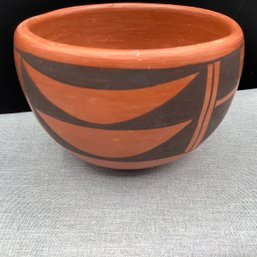 Hopi Redware Bowl, Hand Painted With Traditional Geometric Patterns, Signed On Underside