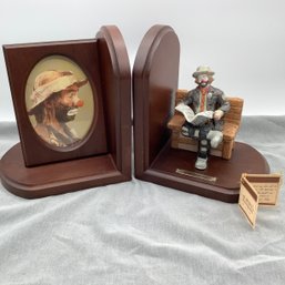 Emmett Kelly Jr Clown Figurine And Photo Bookends Labeled With Tag, 'Big Business'
