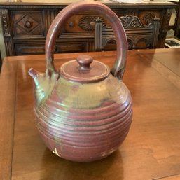 Large Antique Redware Tea Pot With Short Spout, Fixed Handle, Unique Glazing Both Inside And Out