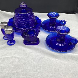 Blue Lot Of Blue Glass Candle Stands, Turkey, Salt / Pepper And Covered Dish