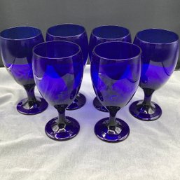 6 Blue Wine Or Water Glasses