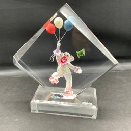 Lucite Clown Art, Signed On Base. Clear With Handpainted 3D Colorful Clown