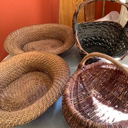 4 Large Baskets, 2 Matching With Firm Sides, Rustic Vintage Basket With Rough Wood Handle & Carry Basket