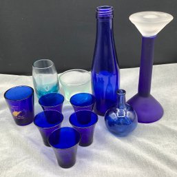 10 Piece Blue Glass Set, Carnival Cruise Double Shot Glass, West Virginia Shot Glass, Satin Glass Candlestick
