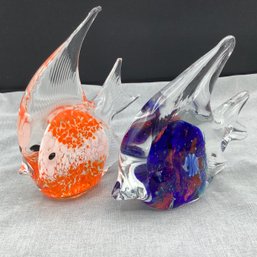 2 Art Glass Fish, One Blue And One Orange
