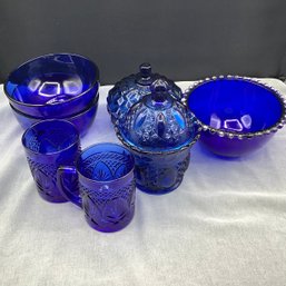 9 Pieces Of Blue Glass- Bowls, Cups, 2 Lidded Candy Dishes