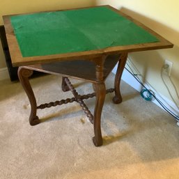 Antique Oak Card Table 4 Flip Tops For Double The Size, Green Card Felt, Cabriole Legs With Spiral Spindles