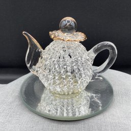 Hand Made Spun Glass Miniature Teapot On Mirror Base