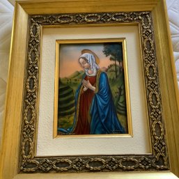 Madonna In Prayer Framed Art By Jean Betourne Limoges, Enameled Convex Painting, Signed