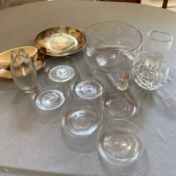 Mix Glass And Porcelains. Schmid Plate, 6 MCM Stacking Bowls, 3 Crystal Vases, Toothpick Holder