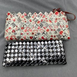 Nahui Olin Recycled Clutch Purses,one Labeled  Inside & Has Hearts In Red And Black On White Background