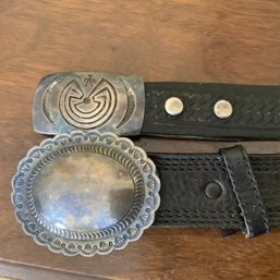 Sterling Silver Marcella James Navajo Belt Buckle & A. Koinva Hopi Belt Buckle W/ Leather Belts