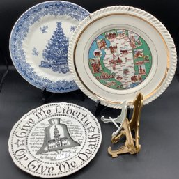 Staffordshire Commemorative Patrick Henry Plate, Queen's Myott Factory Blue / White Christmas Plate, Illinois