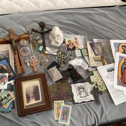 Religious Art Grouping, Metal & Wood Crosses, Slate Painting, Rosaries Including Millefiori & Relics