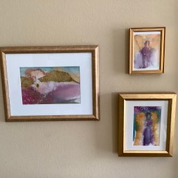 3 Piece Signed Abstract Figurative Angels Watercolor Paintings