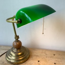 Bankers Desk Lamp, Green Glass Shade, Wood And Metal Base