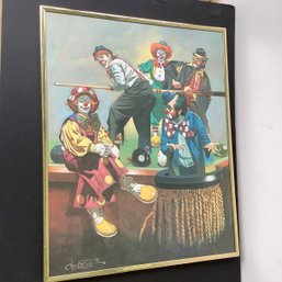 Clowns Playing Pool Art, Signed Oberstein. Framed 16x20