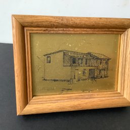 Petite Framed Brass Original Scratch Art Of House By F. Oliver, Gold Toned, Signed