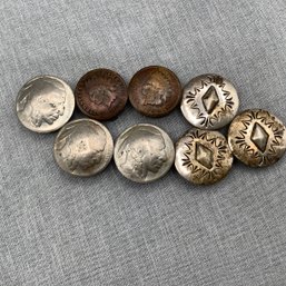 3 Indian Head Nickels & 2 Indian Head Pennies Made Into Button Covers, 3 Southwestern Button Covers