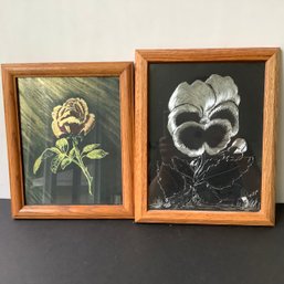 2 Original Etched Art Pictures On Metal Backgrounds, Both Signed By Artist F. Oliver.