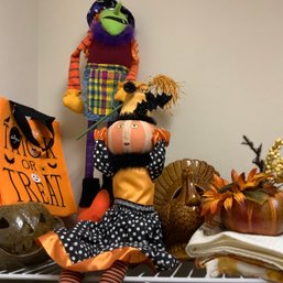 Halloween & Thanksgiving: Handmade Pottery Jack-o-lantern, Towels, 2 Large Fabric Witches, Turkey