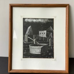 Etched Metal Art Of Farmhouse Rural Scene By Francis Oliver, Black And Silver Tones, Original Signed Art