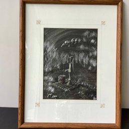 Original Etched Art Of Rural Well Pump Signed By Francis Oliver With Custom Decorated Matting