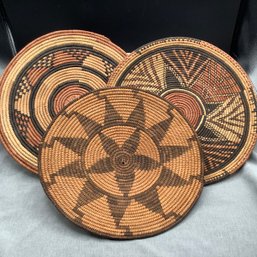 3 Woven Flat Baskets, One Native American And 2 African Hausa Baskets