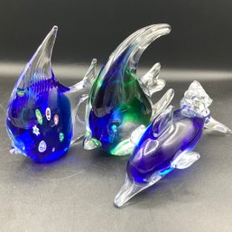 3 Heavy Glass Fish / Dolphin With Millefiori Design