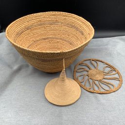 Trio Of Basketry, Conical Shape Tight Coil Woven, Trivet And Handmade Basket