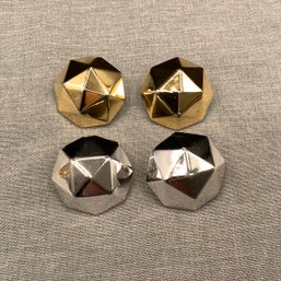 2 Pair Of MCM Geometric Modernist Design Clip Earrings, One Gold Toned, One Silver Toned