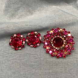 Brilliant Fuchsia And Pink Earrings And Brooch