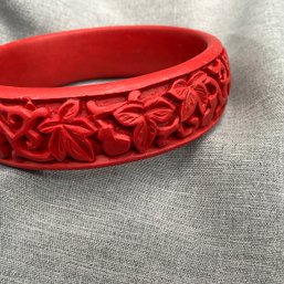 Vintage Hand Carved Cinnabar Bangle Bracelet With Intricate Foliate Pattern & Red Storage Case