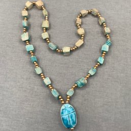 Vintage Egyptian Revival Faience Ceramic Scarab Nugget Beaded Pendant Necklace